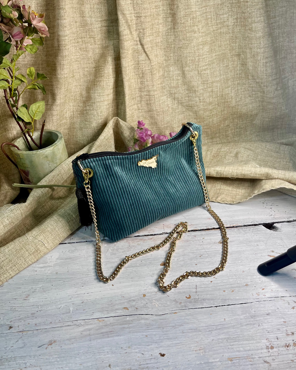 Corduroy Clutch Bag with Chain Strap