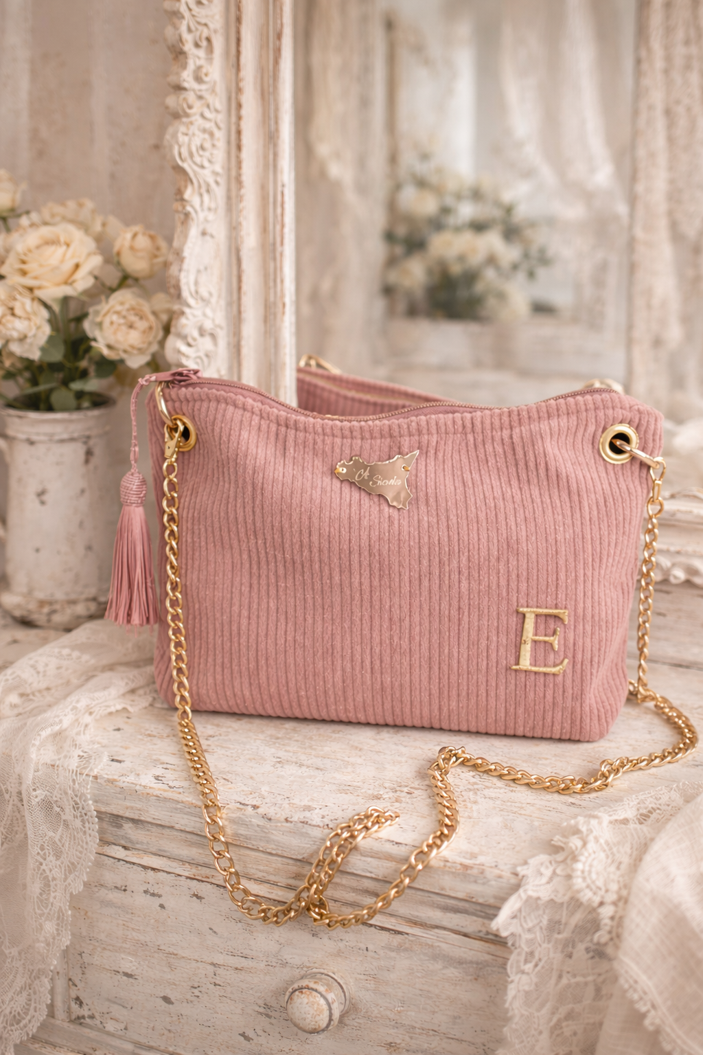 Corduroy Clutch Bag with Chain Strap