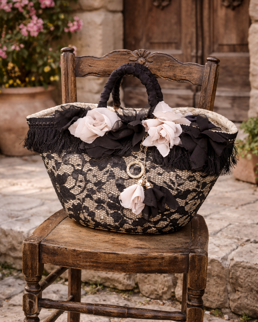 Sicilian Straw Bag with Black Lace and Vintage Roses 