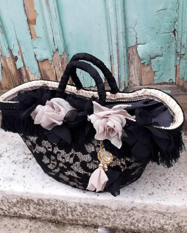 Sicilian Straw Bag with Black Lace and Vintage Roses 