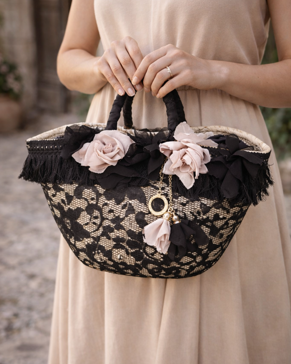 Sicilian Straw Bag with Black Lace and Vintage Roses 