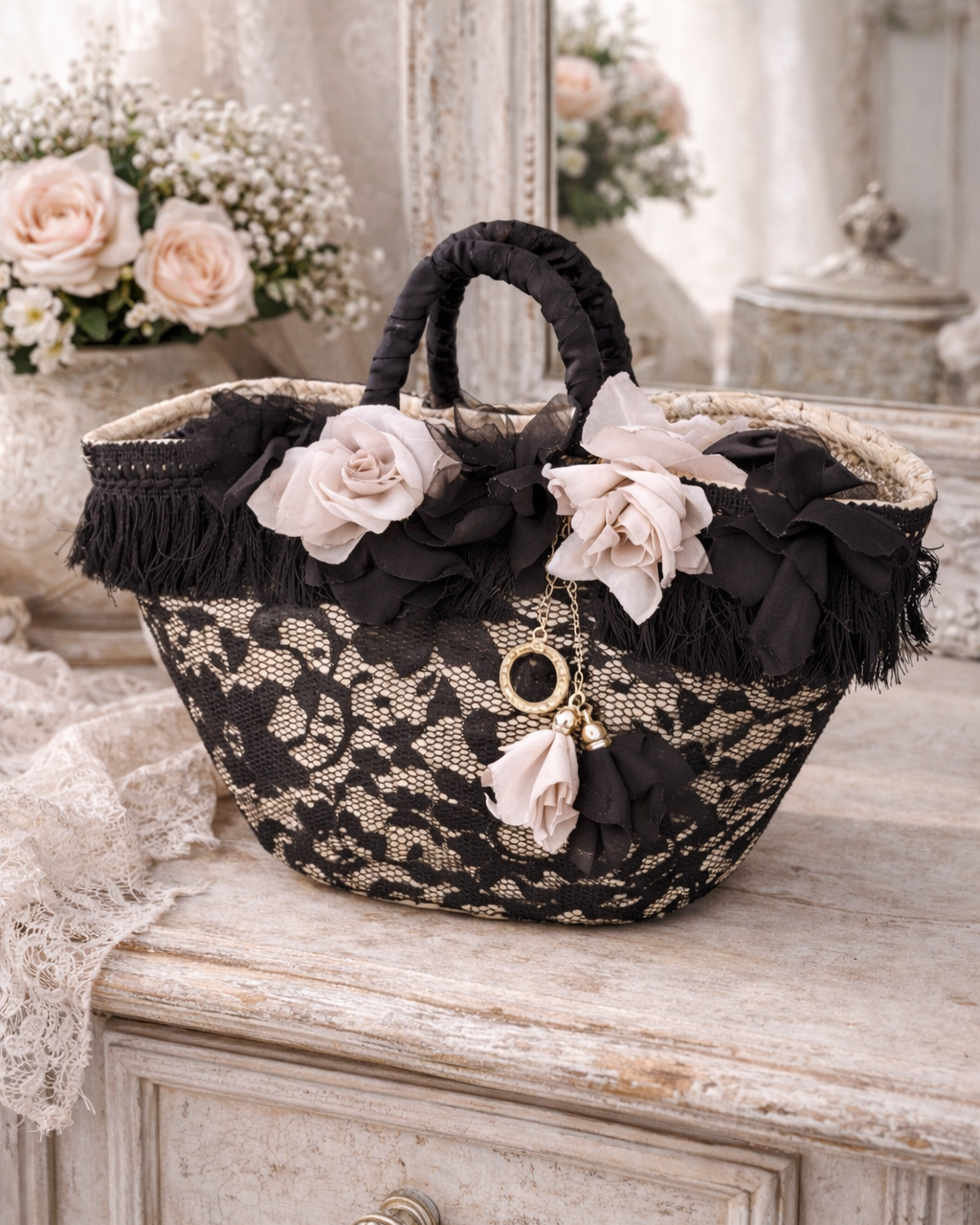 Sicilian Straw Bag with Black Lace and Vintage Roses 