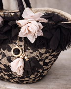 Sicilian Straw Bag with Black Lace and Vintage Roses 