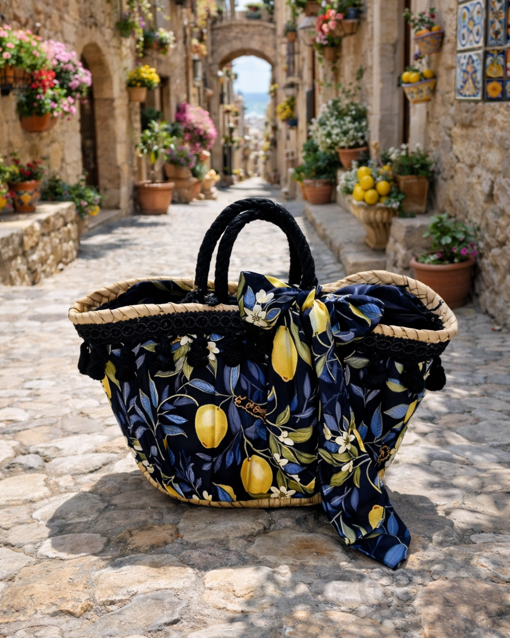 Sicilian Coffa Bag Upholstered in Blue and Yellow Lemon Fabric