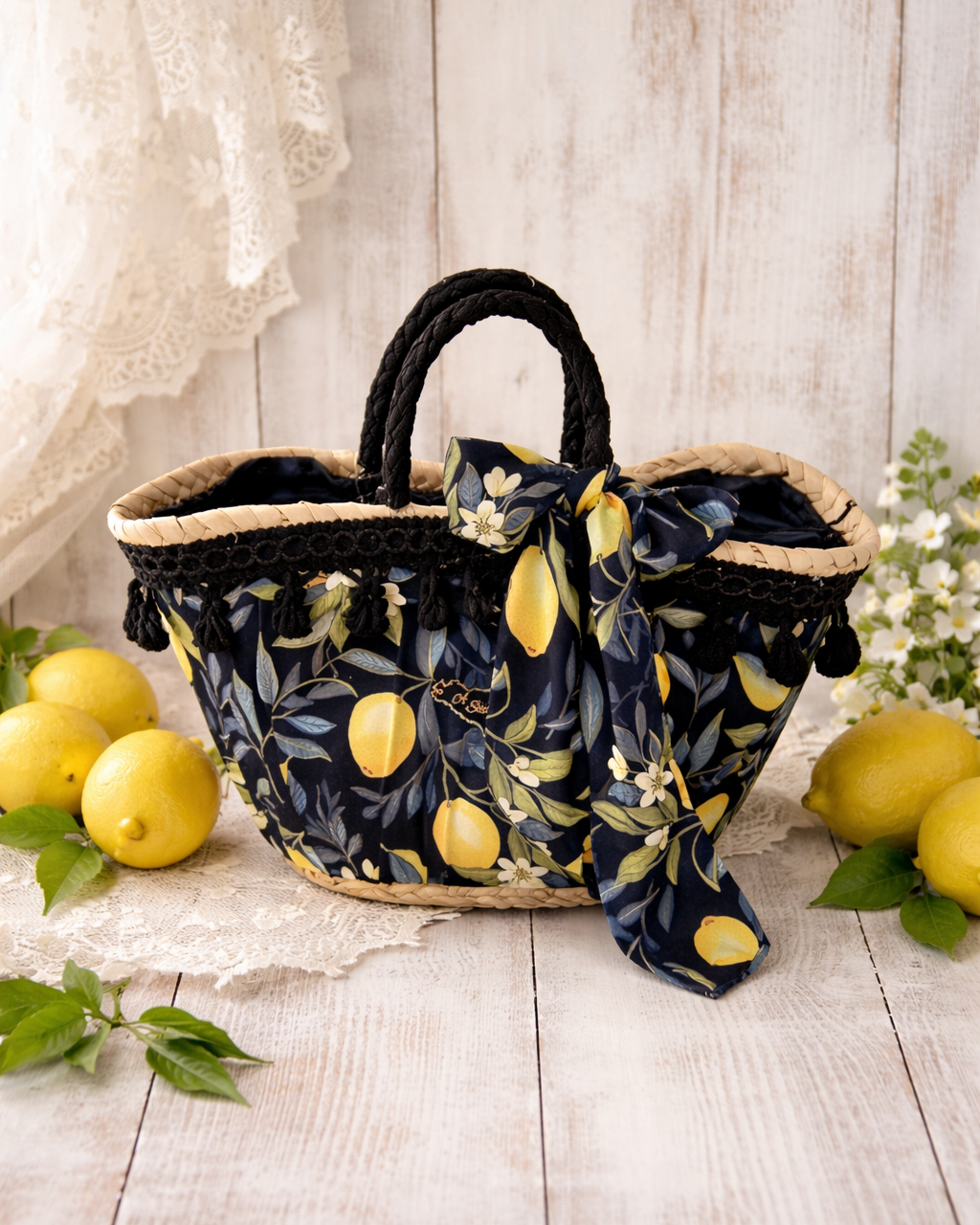 Sicilian Coffa Bag Upholstered in Blue and Yellow Lemon Fabric