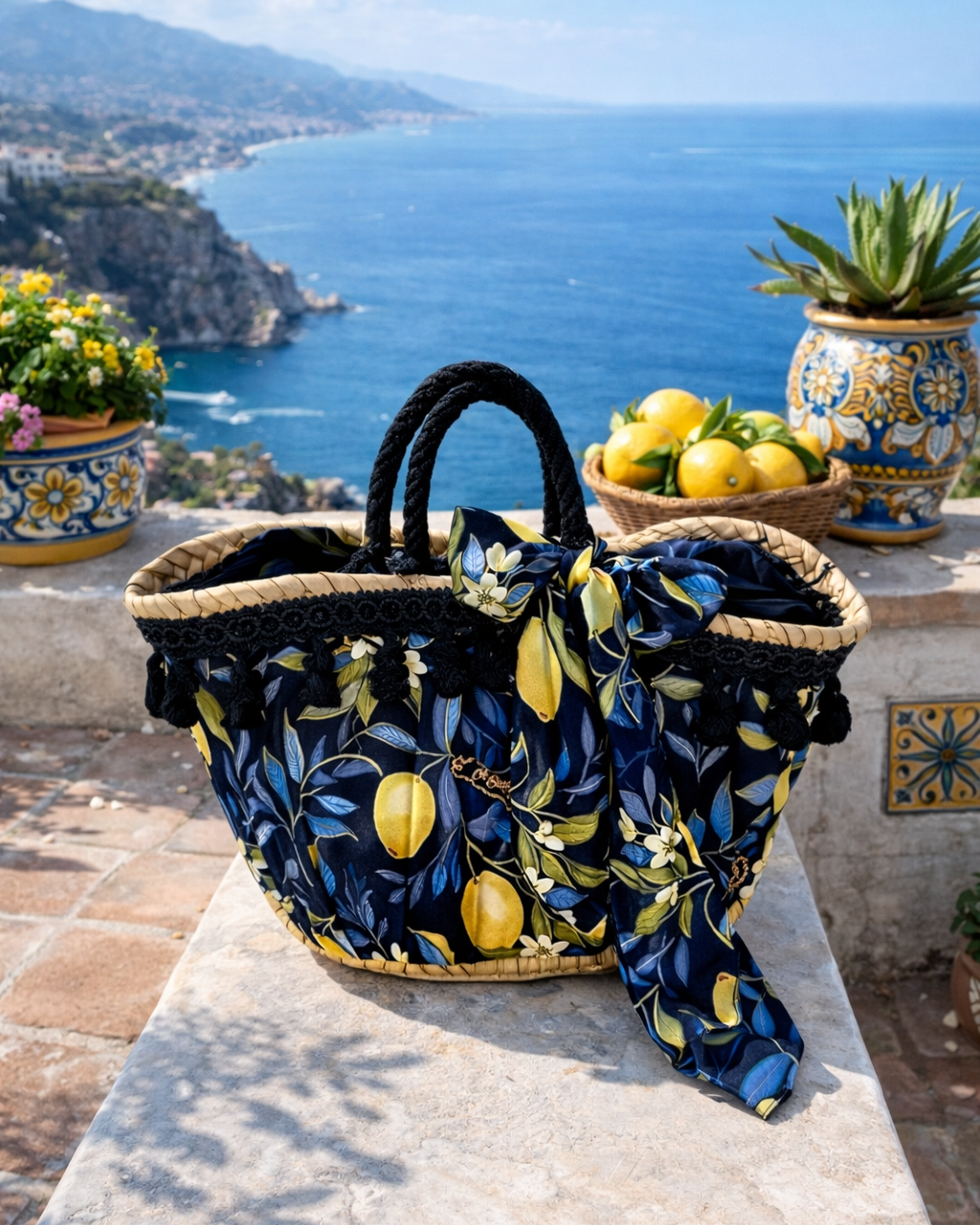 Sicilian Coffa Bag Upholstered in Blue and Yellow Lemon Fabric