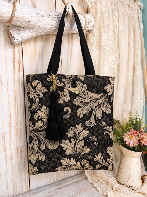 Baroque Cotton Tote Bag with Tassel – Black & Beige