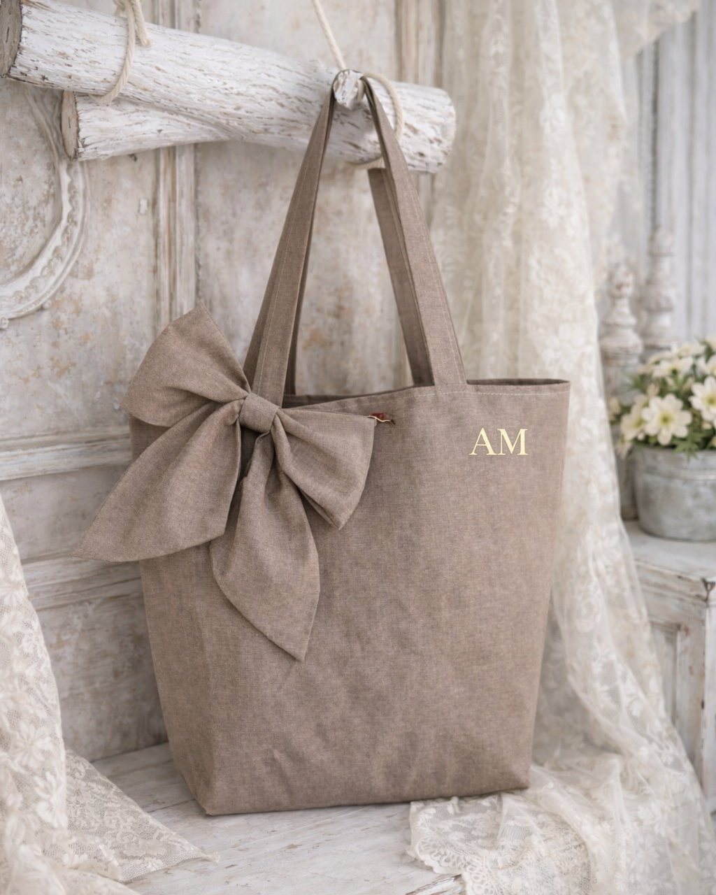 Canvas Shopping Bag with Side Bow