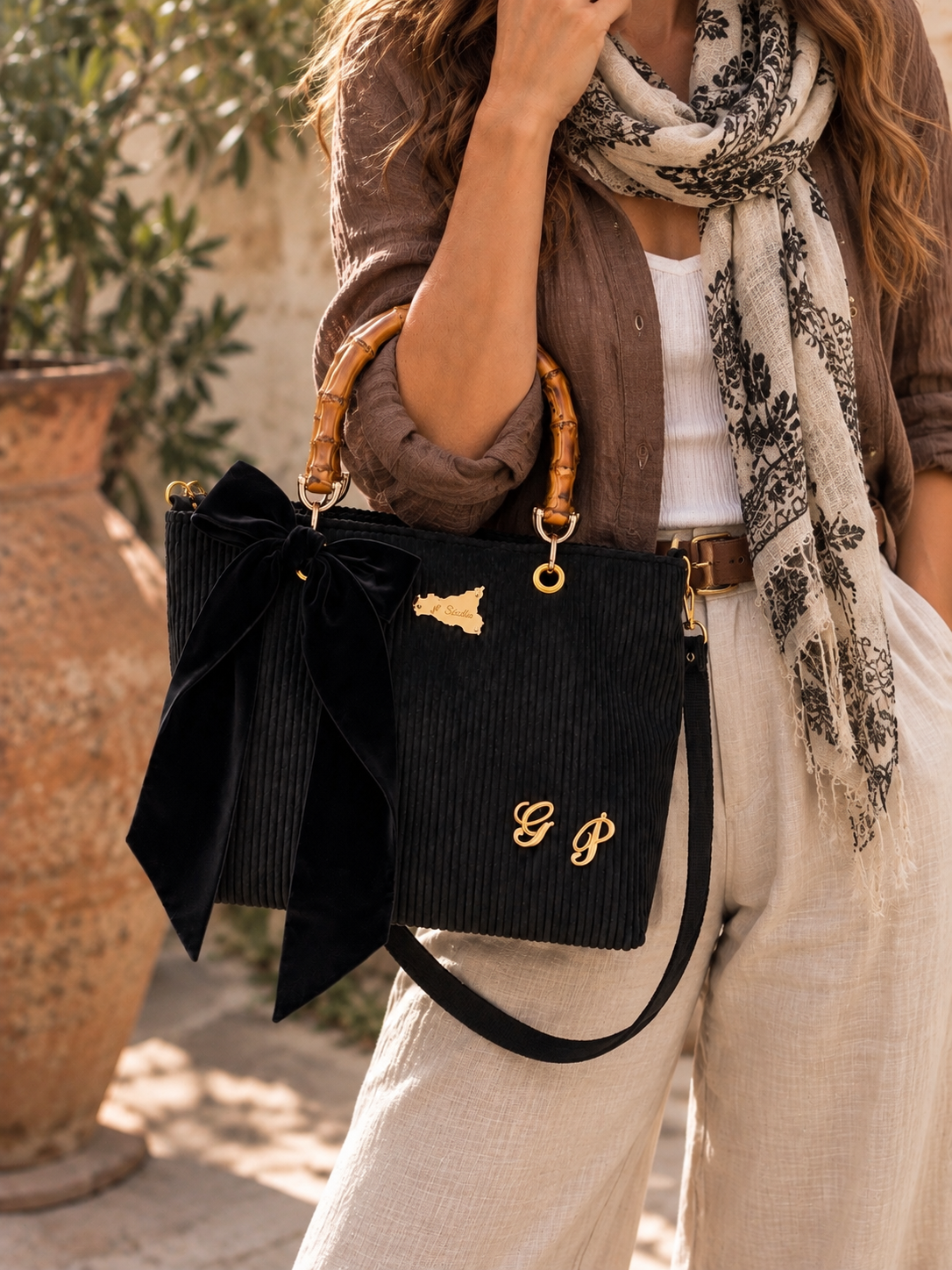 Corduroy Velvet Tote Bag with Bamboo Handles – Handmade in Sicily