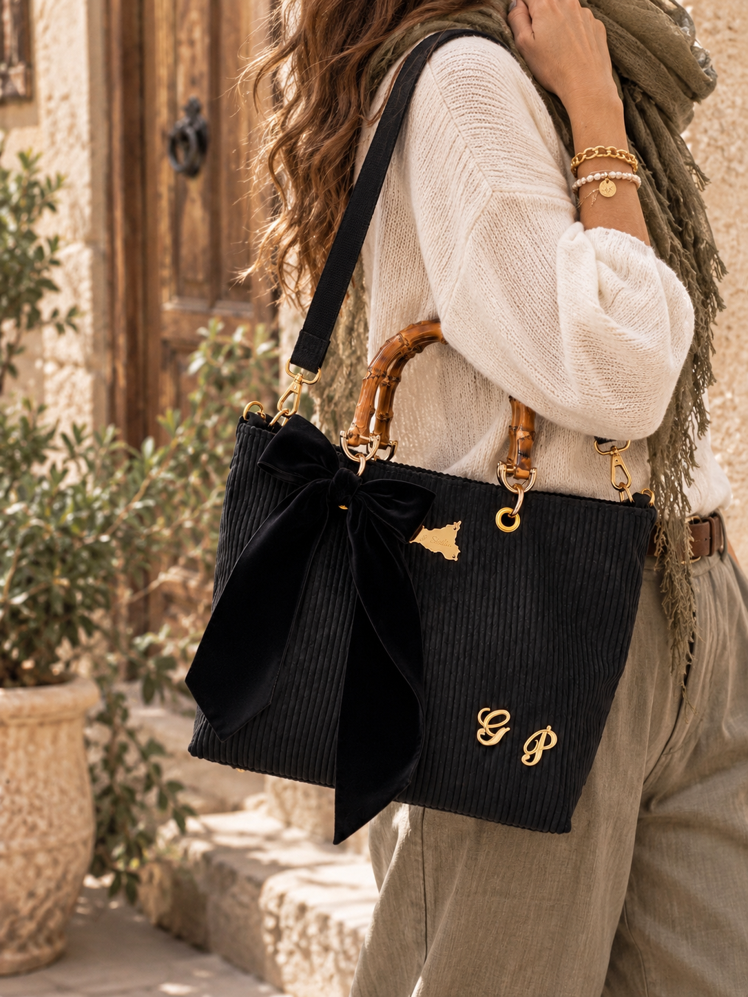 Corduroy Velvet Tote Bag with Bamboo Handles – Handmade in Sicily