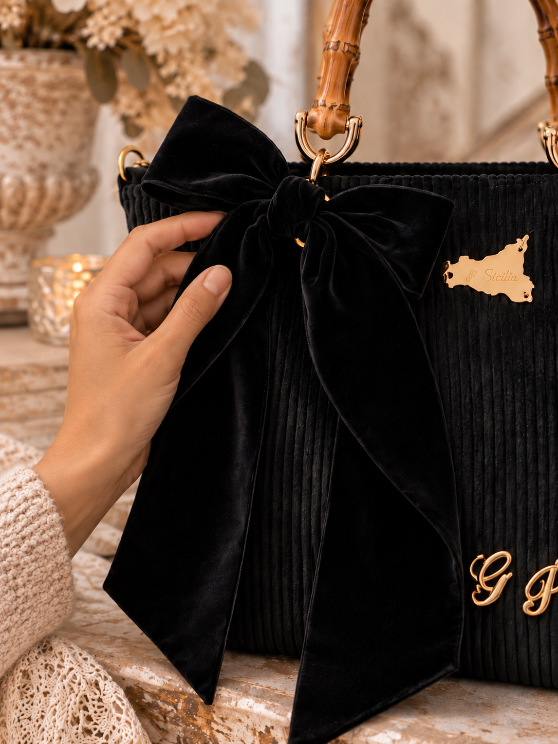 Corduroy Velvet Tote Bag with Bamboo Handles – Handmade in Sicily