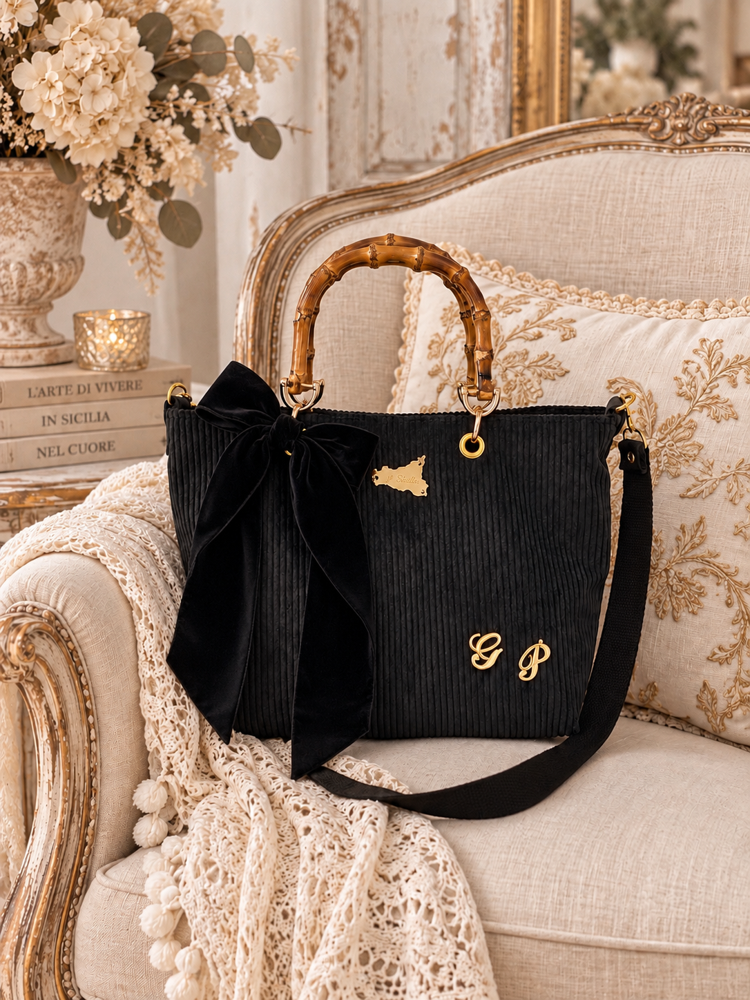 Corduroy Velvet Tote Bag with Bamboo Handles – Handmade in Sicily