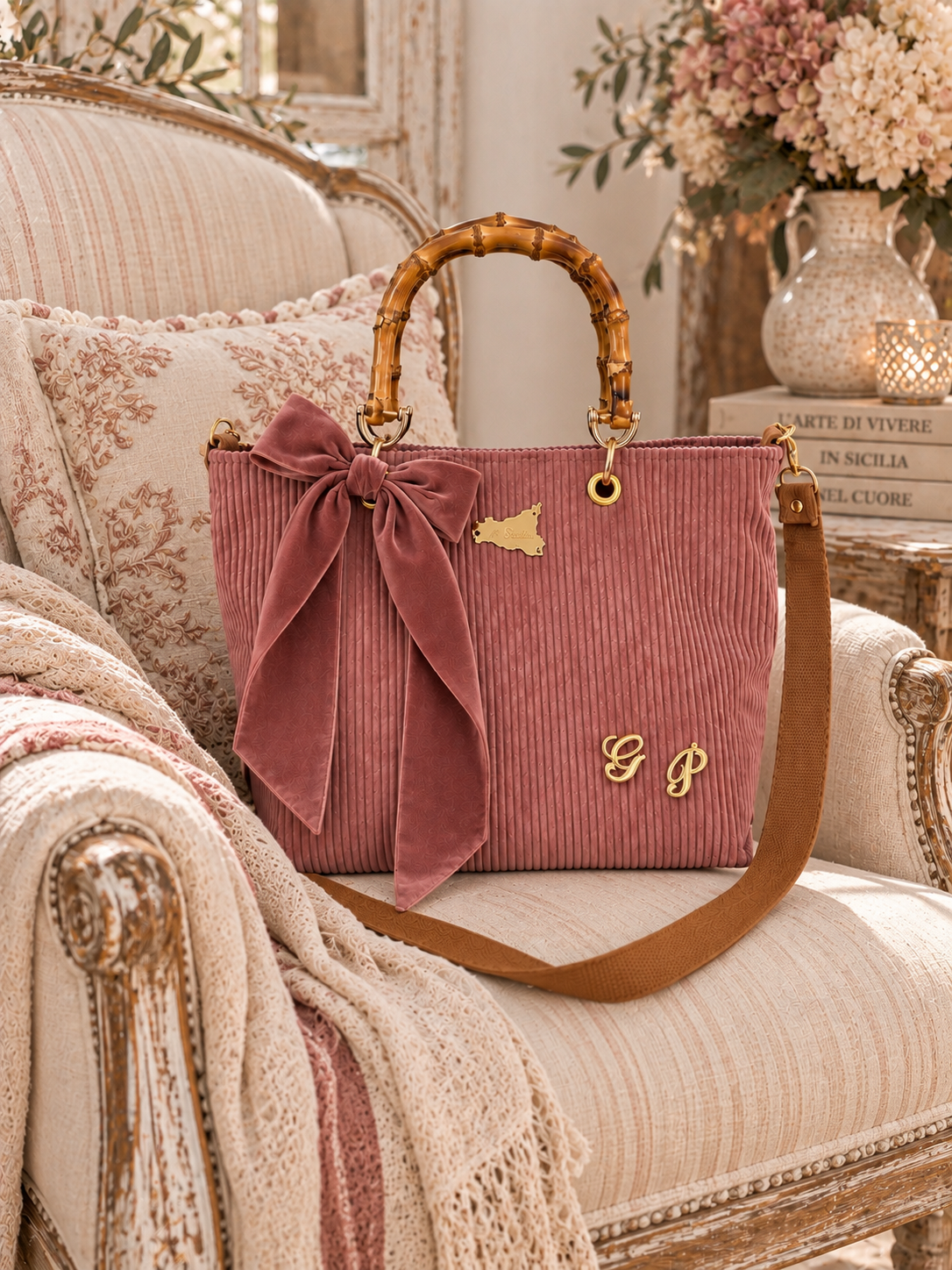 Corduroy Velvet Tote Bag with Bamboo Handles – Handmade in Sicily