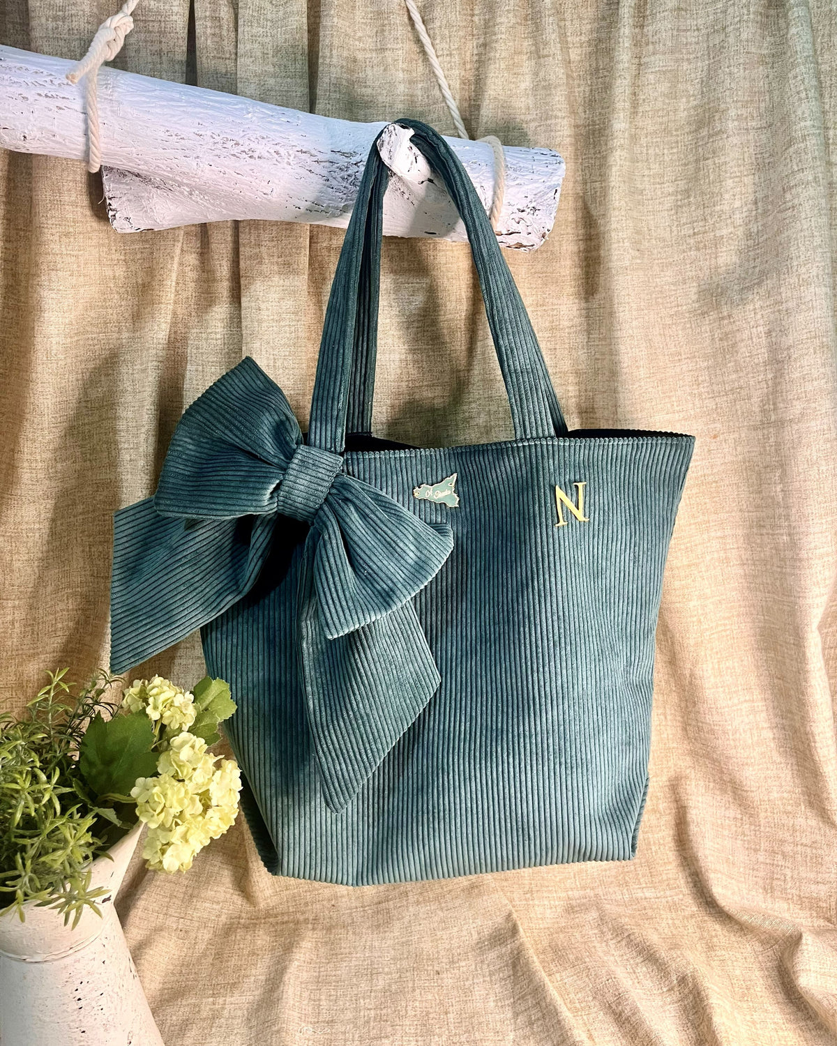 Corduroy Shopping Bag with Bow