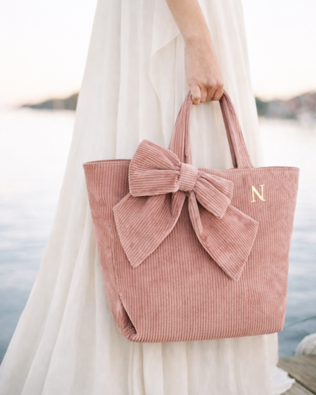 Corduroy Shopping Bag with Bow
