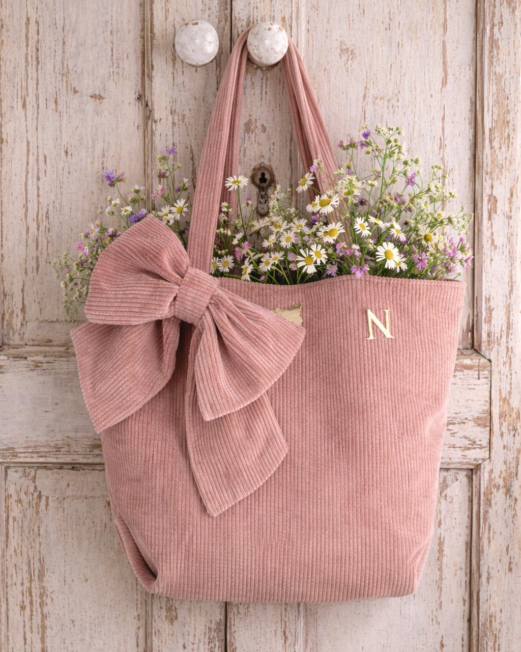 Corduroy Shopping Bag with Bow