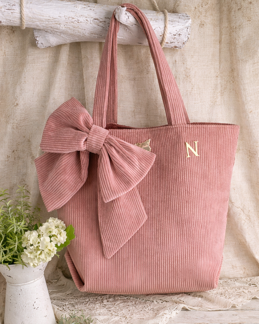 Corduroy Shopping Bag with Bow