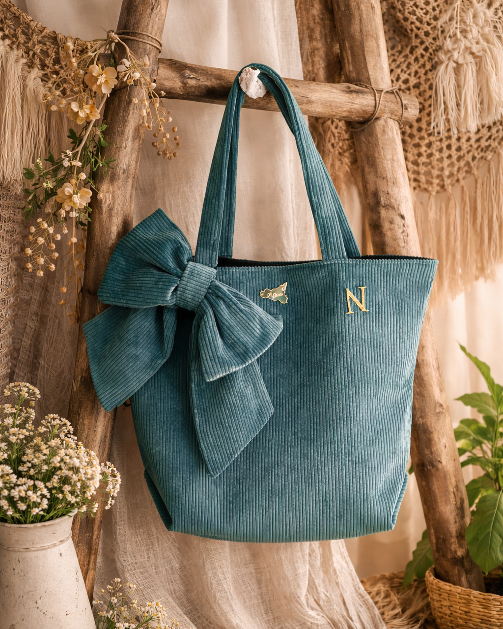 Corduroy Shopping Bag with Bow