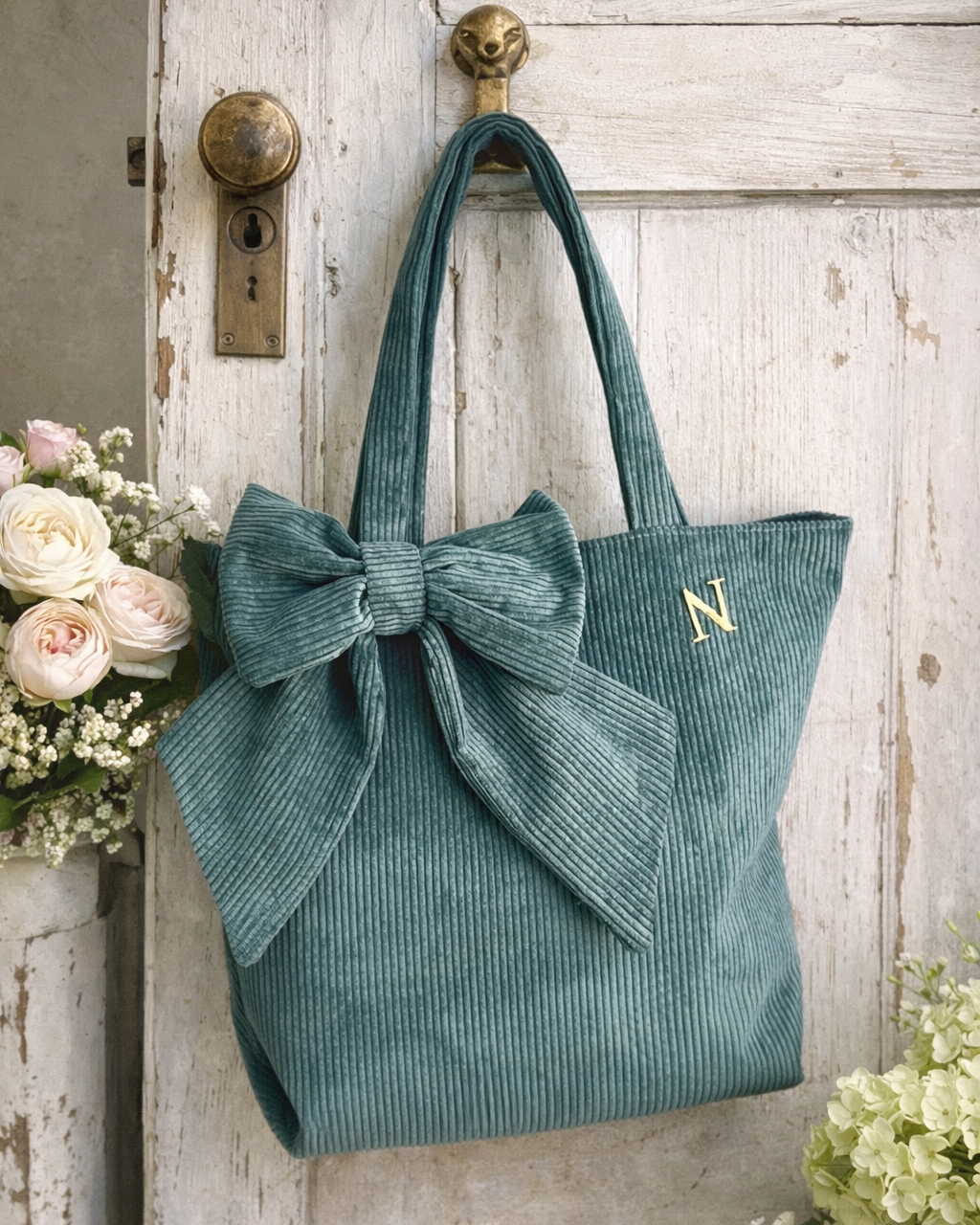 Corduroy Shopping Bag with Bow